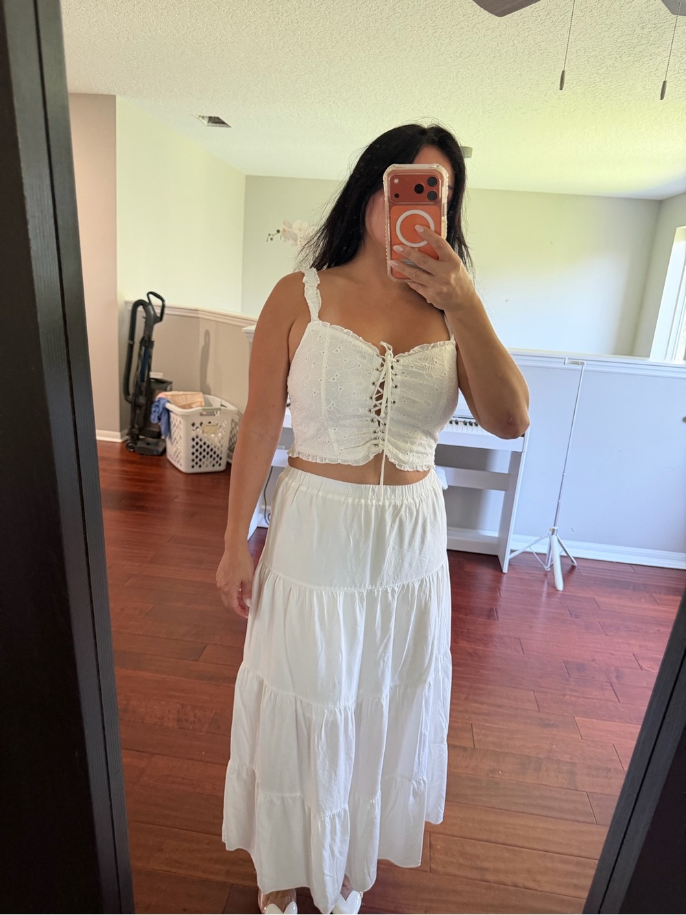 Forever 21 White Eyelet Cropped Tank & Tiered Maxi Skirt Set